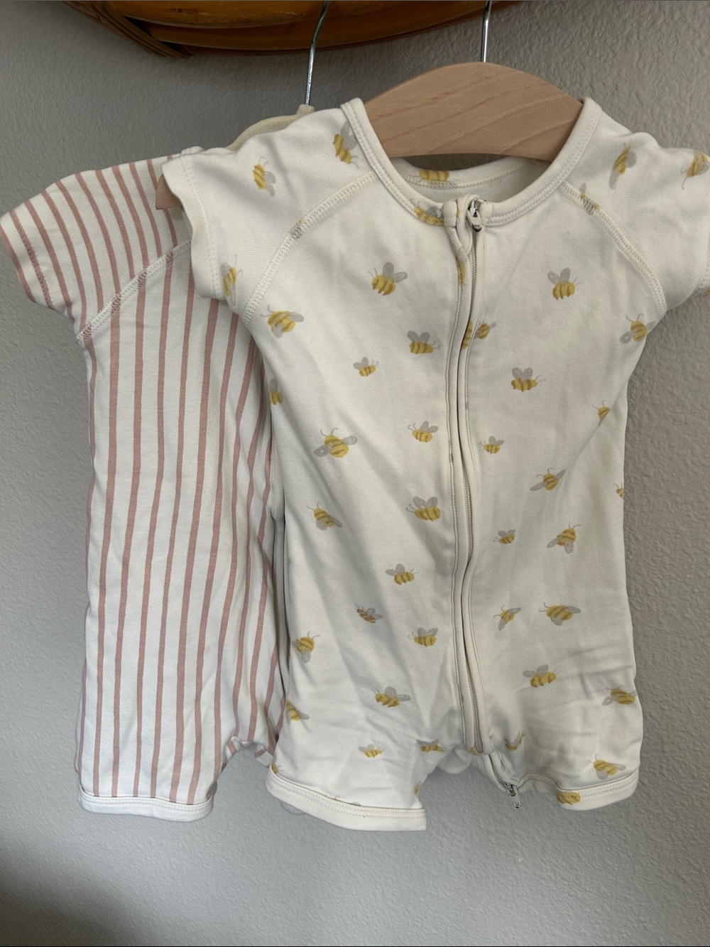 Cream & Yellow Bee and Pink Strip Kids Pajama Romper - Short Sleeve